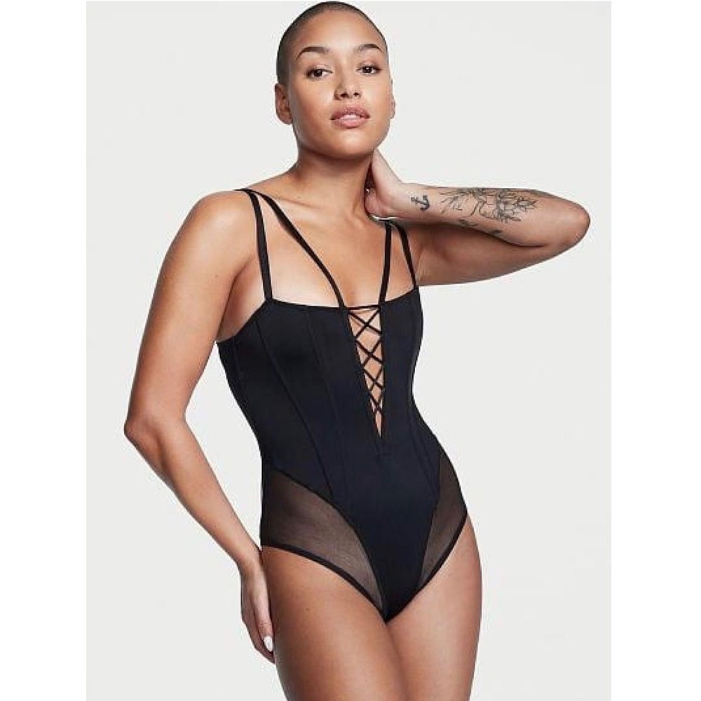 Victoria's Secret lace-up Corset Teddy black M NWT sheer panels adjustable goth